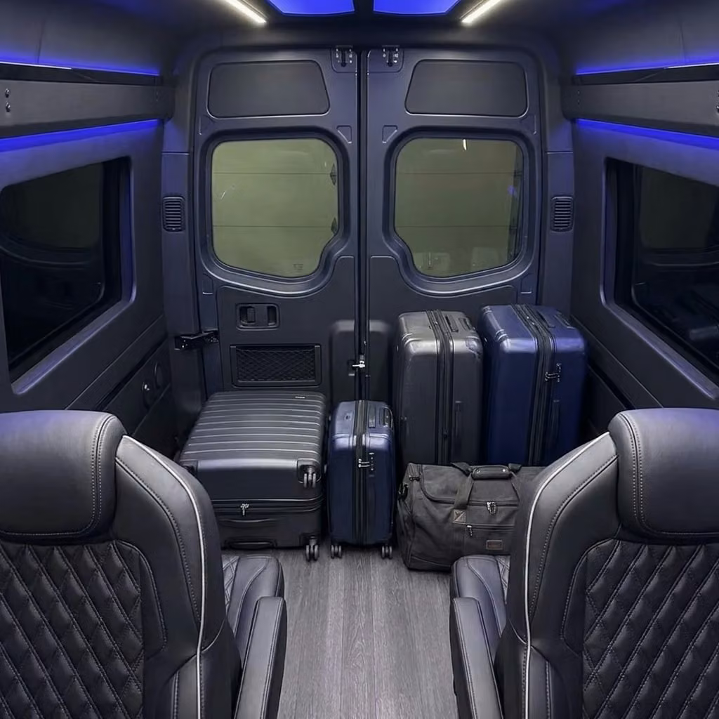 coachella sprinter van rental with driver luggage area